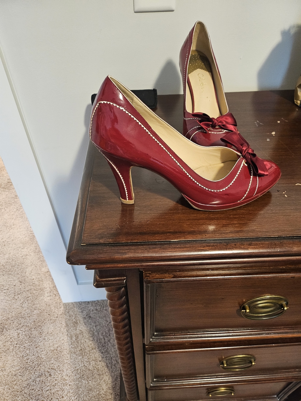 Women's Burgundy Patent Peep-Toe Pumps with Bow